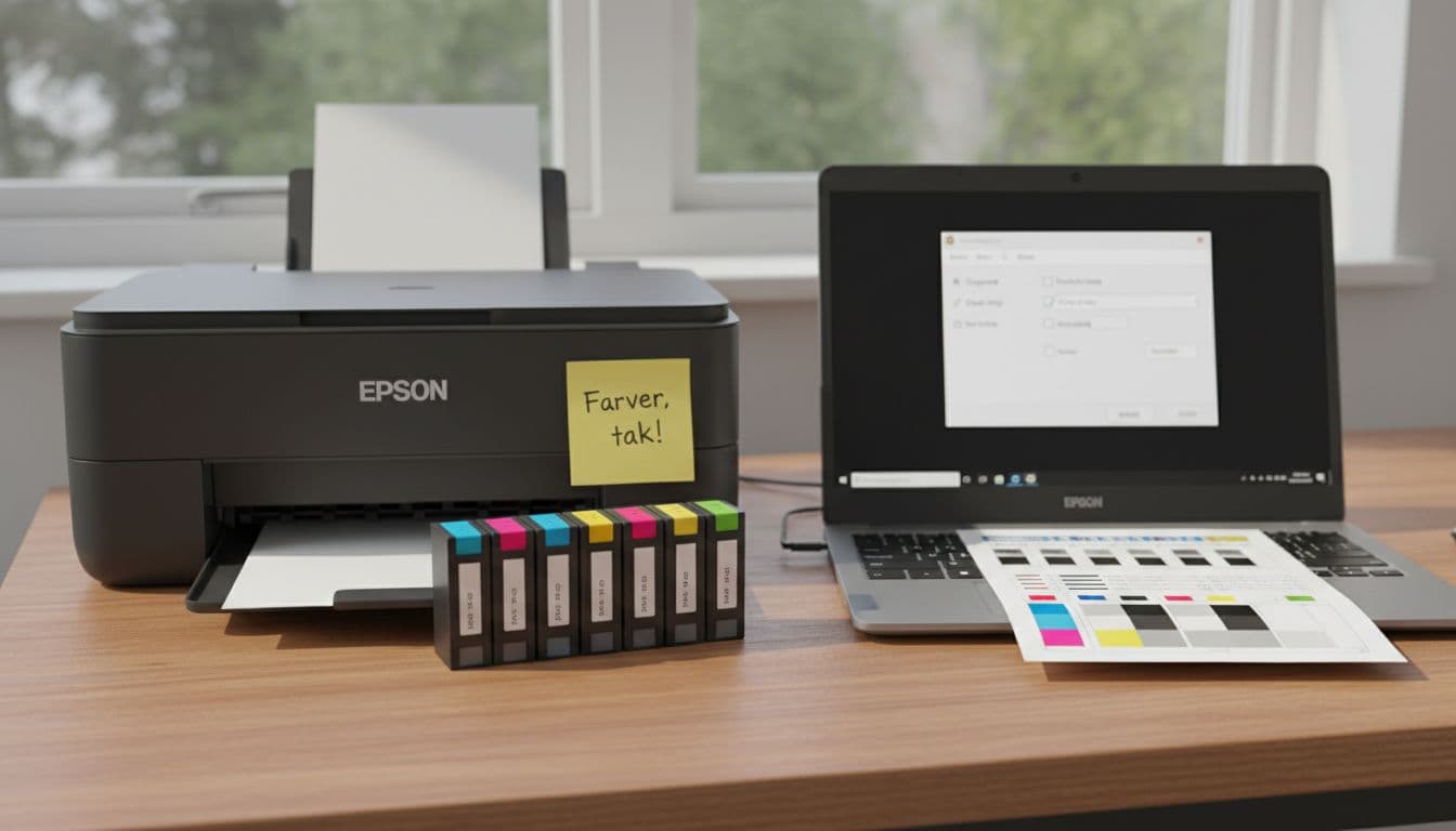 Fotorealistisk billede i naturligt lys af et dansk hjemmekontor med Epson inkjetprinter på træskrivebord ved Windows-laptop, gråtoner-printdialog, sort-hvid testside og post-it 'Farver, tak!'.