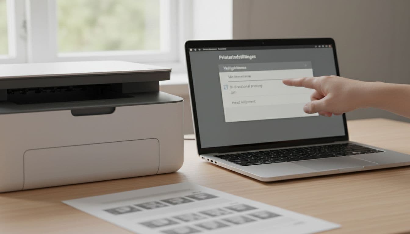 Photorealistic image of a Danish home office desk in natural light with a modern inkjet printer and laptop. A hand points to the screen showing printer driver menu 'Printer Settings → Maintenance → Bi-directional printing' off, near 'Head Alignment', with A4 paper exhibiting ghosting in foreground.