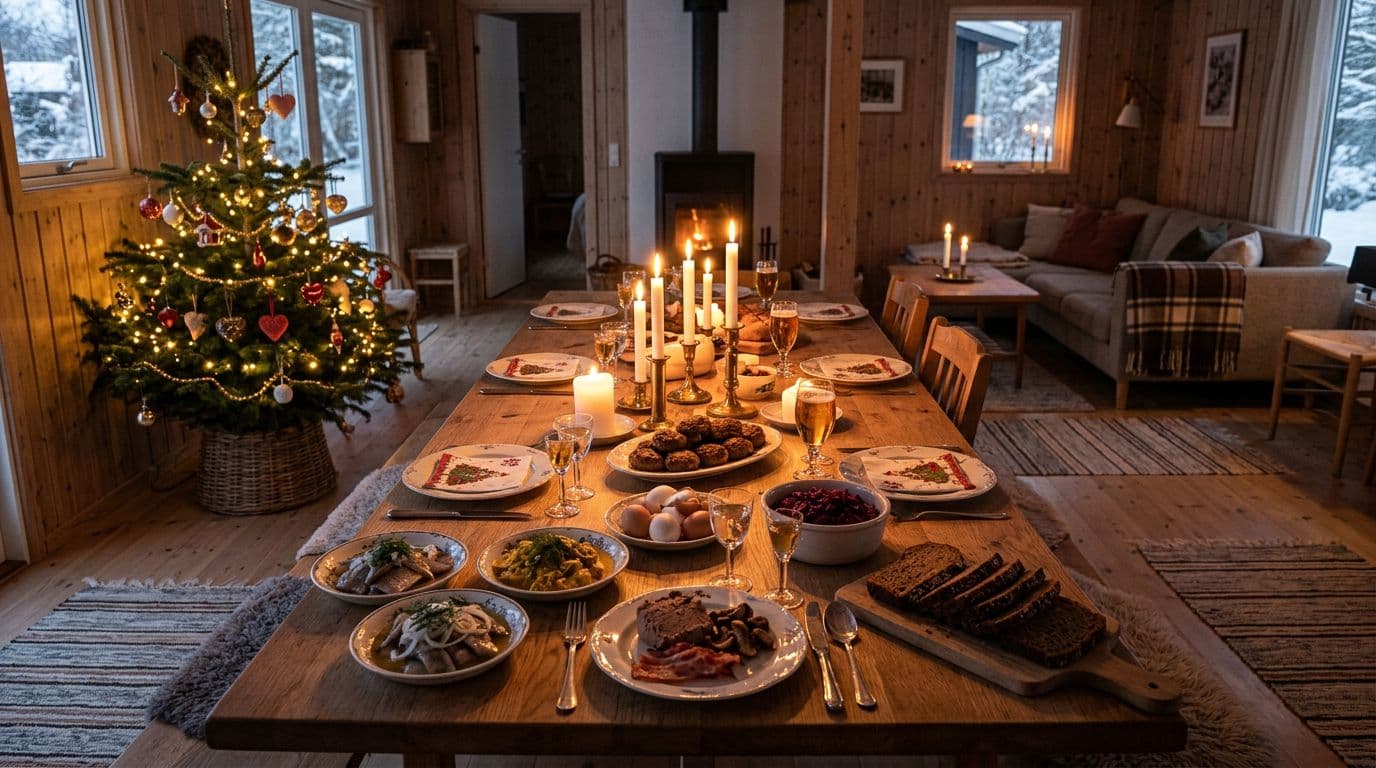 Cozy hygge in a Scandinavian vacation home living room with Christmas decorations, a small tree in the corner, candles on the table, and a long wooden table set for julefrokost with herring, meatballs, red cabbage, wooden furniture, and woven rugs. Photorealistic, natural colors, warm candlelight, no people.