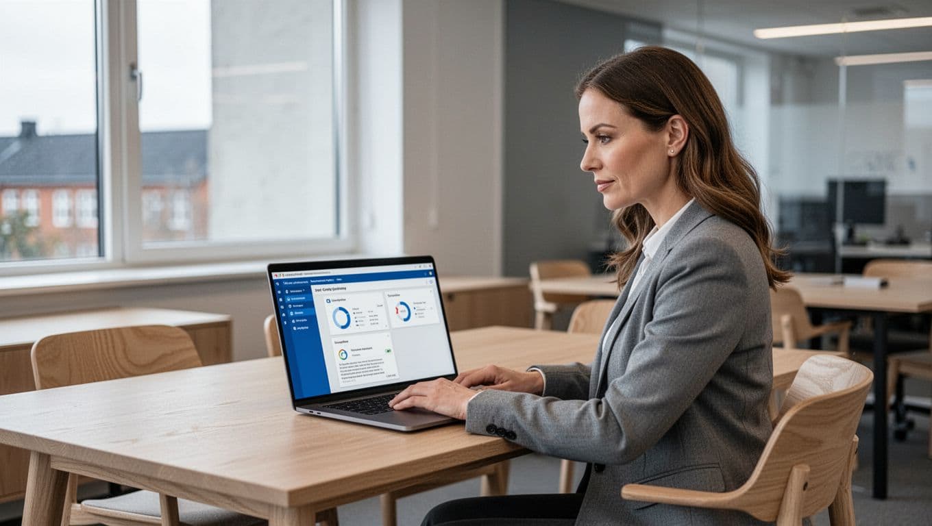 En professionel kvindelig IT-administrator i 30'erne opsætter Microsoft Purview DLP på en bærbar i et moderne skandinavisk kontor i Århus, med lyse træmøbler og neutrale farver.