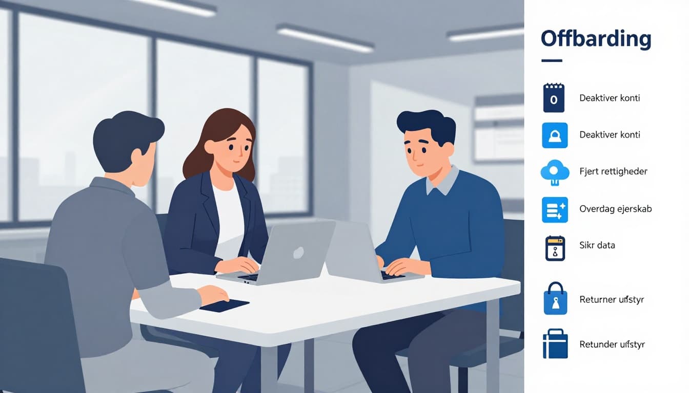 3D isometric illustration of HR and IT professionals reviewing an offboarding checklist in a modern Danish SME office, featuring security icons like locks, MFA, and data handover items in a clean Nordic color palette.