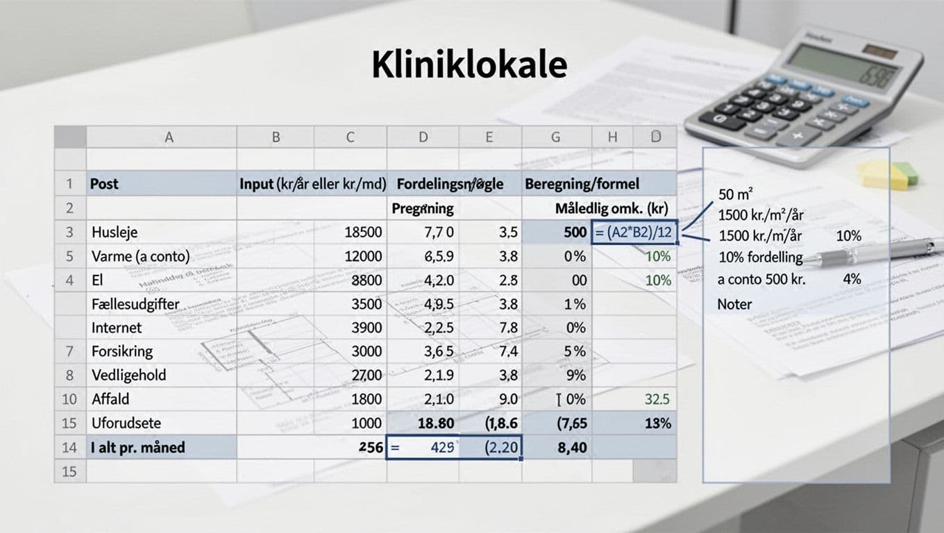 Clean professional infographic in Danish resembling a spreadsheet budget template for a kliniklokale (clinic room), featuring columns for posts, inputs, allocation keys, formulas, monthly costs, and notes with example calculations.