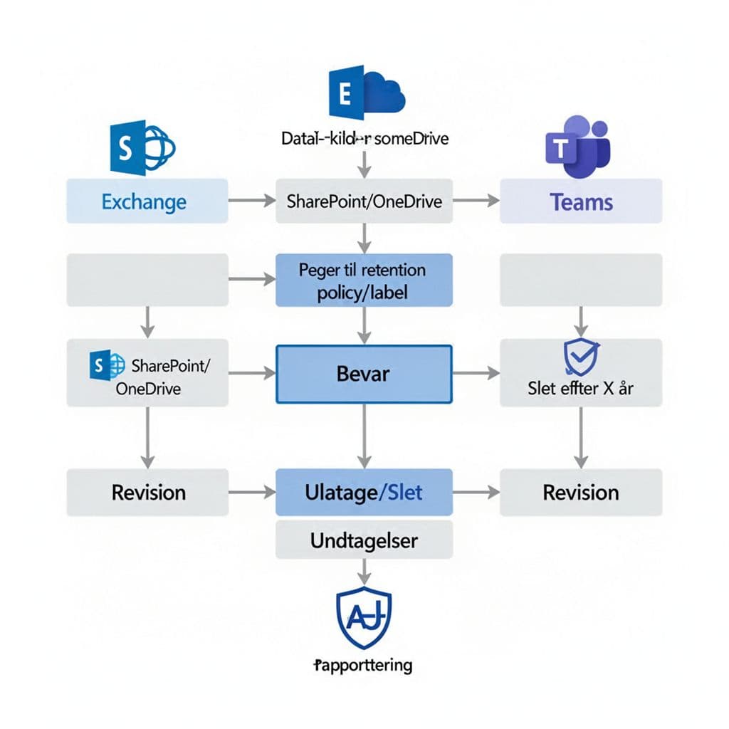 Infographic-style flowchart showing data sources like Exchange, SharePoint/OneDrive, and Teams flowing into retention policies/labels, then to keep/delete actions, and finally to audit/reporting, using Danish terms like 'Bevar' and 'Slet efter X år'. Features white background, flat blue/gray icons, arrows between boxes, and a clear three-step structure in simple vector design.
