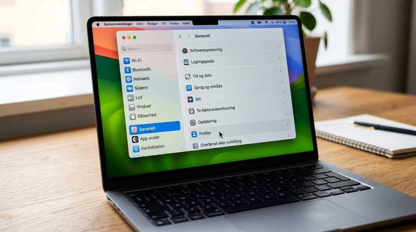 Photorealistic close-up of macOS System Settings in Danish on a MacBook screen, showing the Generelt tab with cursor at Profiler or Enhedsstyring, generic UI on desk with soft daylight.