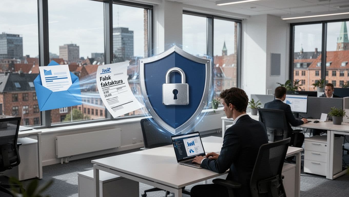 Økonomimedarbejder ved laptop, hvor en falsk faktura stoppes af et skjold- og låseikon i et moderne kontormiljø.