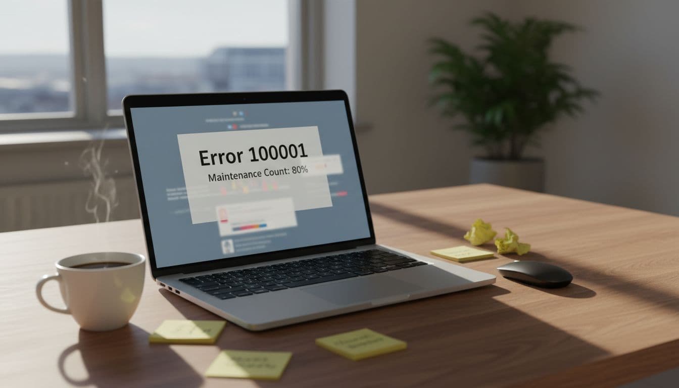 Photorealistic laptop on a Danish office desk showing a generic diagnostics screen with error code 'Error 100001' and 'Maintenance Count: 80%', slightly angled and blurred for realism. Surrounded by mouse, coffee cup, notes, under soft daylight with realistic reflections and shadows.