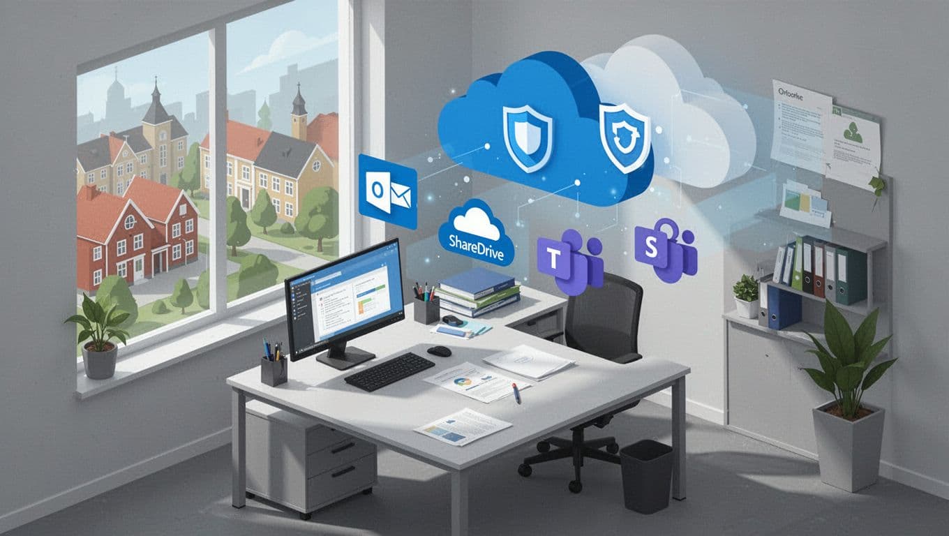 Light isometric flat vector illustration of a clean, professional Danish small business office with a desk, computer, and Microsoft 365 icons like Outlook, OneDrive, SharePoint, and Teams flowing toward a cloud backup shield. Minimalist background with Danish office landscape through a window, using high-contrast blue, green, and gray tones.