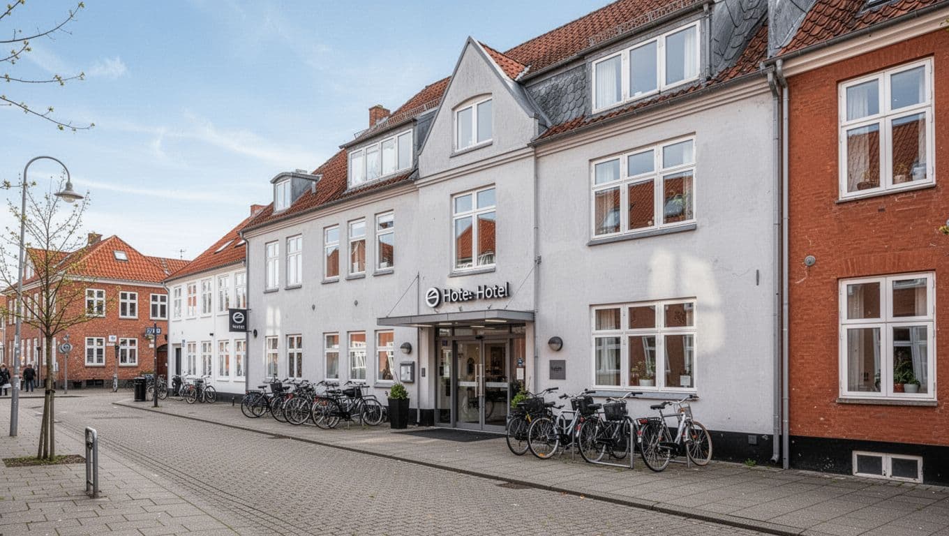 Street view of a discreet generic hotel entrance in a Danish provincial town, with bicycles parked in front, low buildings, sidewalk, and neutral spring weather under a light blue sky. Photorealistic documentary photo style with natural colors, no text, branding, or people.