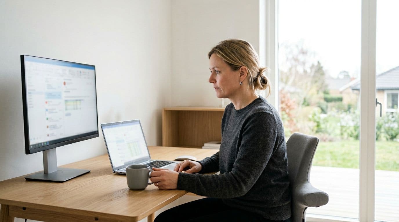 Middle-aged professional Danish woman focused on laptop with blurred Microsoft 365 screen in minimalist home office near Lystrup, featuring external monitor, coffee mug, neutral blues and greys, natural window light.