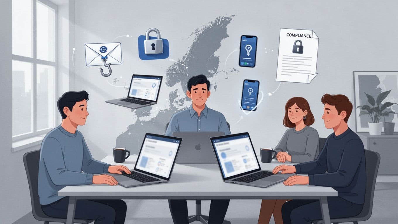 Minimalist vector illustration of a Danish SMB IT manager and two colleagues in a modern open office reviewing generic security dashboards on laptops, with floating icons for phishing, locked devices, MFA, and compliance, subtle Jutland background.
