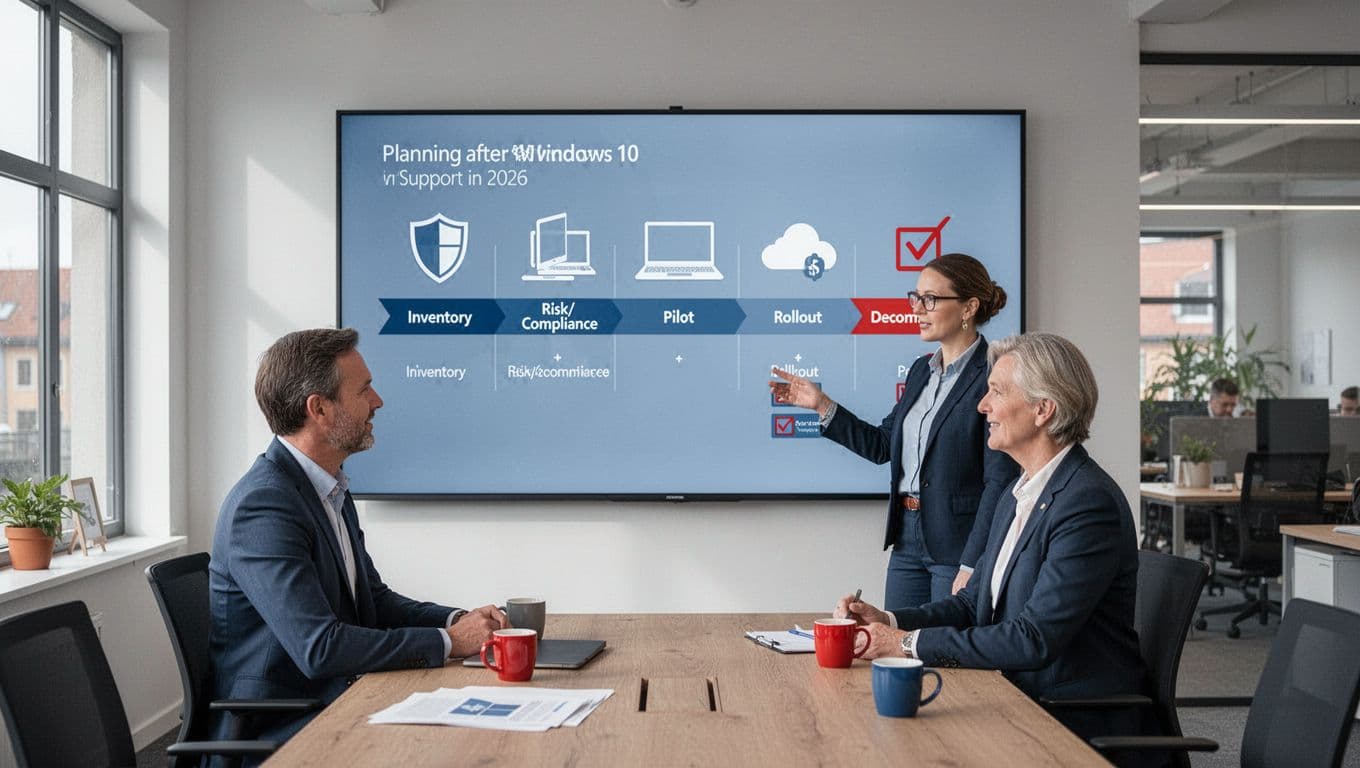 Clean modern flat/isometric illustration of a Danish SME IT manager and CFO discussing a migration timeline post-Windows 10 end of support in a professional meeting room with Scandinavian design elements.