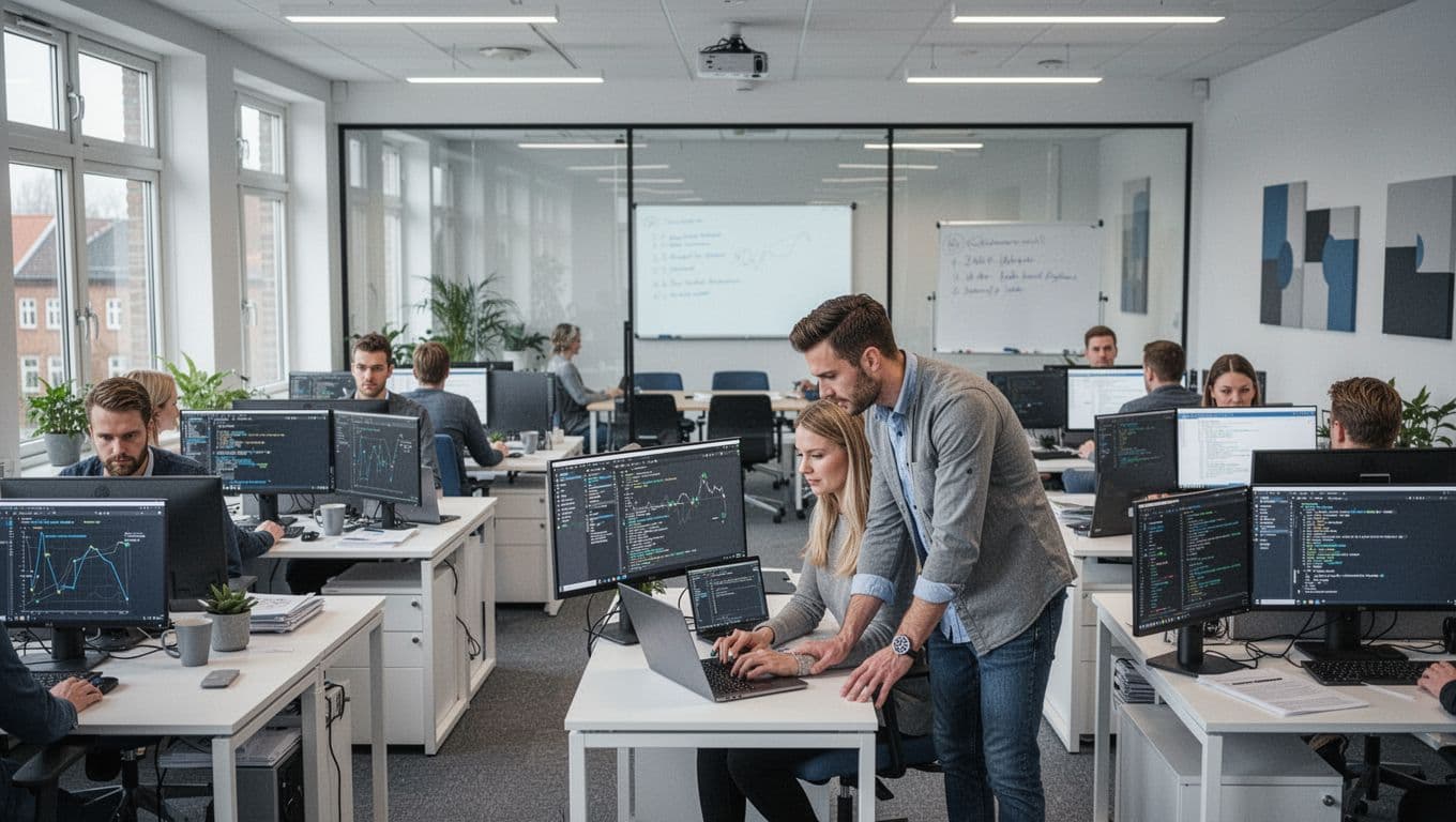 Small Danish office in Aarhus with 8 employees in open landscape; IT consultant assists one with computer issue near meeting room whiteboard. Modern Nordic style, photorealistic, neutral colors, professional IT-support atmosphere.