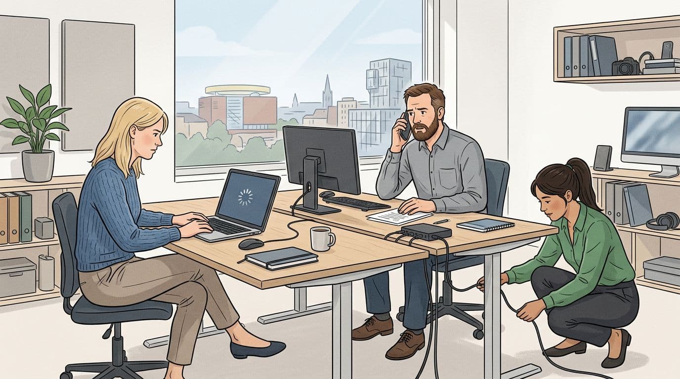 High-quality illustration of three employees in a contemporary Aarhus small business office dealing with IT issues: one facing a frozen laptop, another on the phone for help, and the third checking cables, with subtle city view and Scandinavian minimalist design.