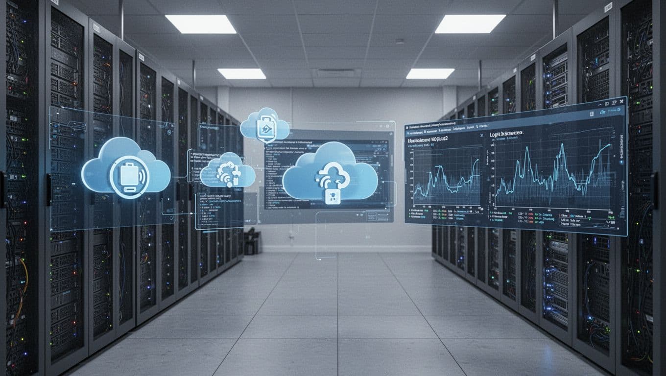 Photorealistic depiction of an empty server room for a Danish SME in Randers, focusing on servers with cloud backup icons and log graphs on screens. Blue-gray Nordic colors, professional lighting, high-end corporate landscape composition without people or text.