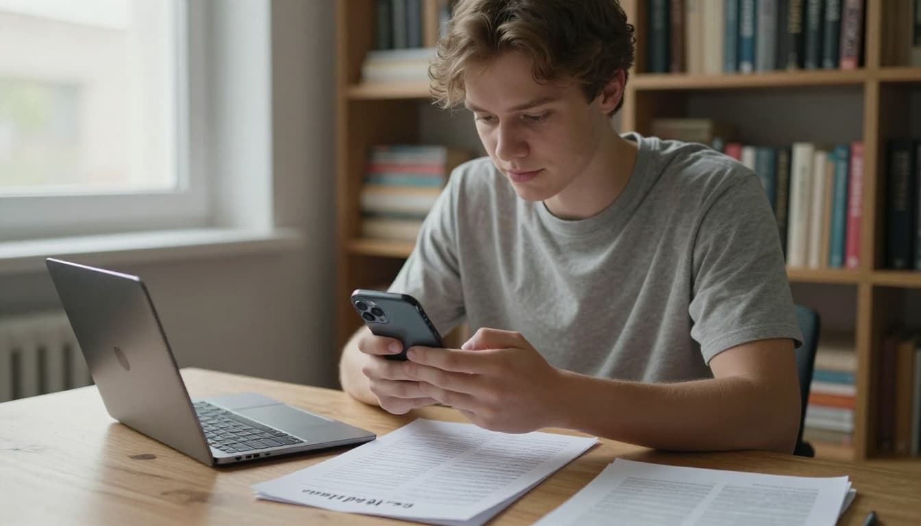 A young Danish student in casual clothes sits at a simple desk in a student apartment, loosely holding a refurbished iPhone to check the battery percentage, with a paper checklist nearby. Natural daylight illuminates the realistic scene with Scandinavian minimalism and a 35mm photo look.