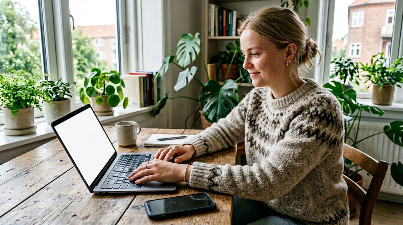 Photorealistic image of a young Danish student relaxed at a wooden desk in a modern home, using a refurbished MacBook laptop and iPhone testing selfie camera mode. Natural daylight illuminates the simple setup with eco plants in the background.