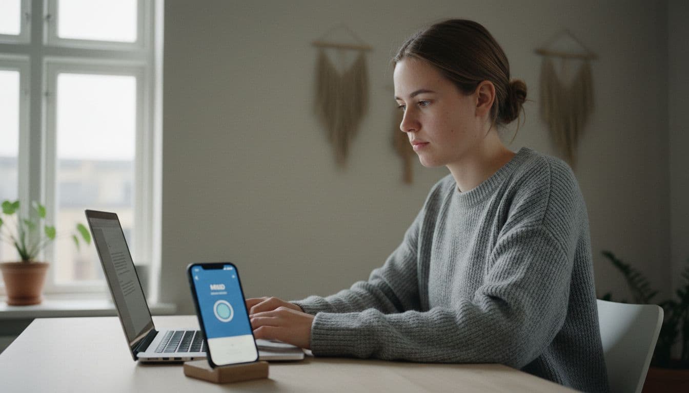 Photorealistic documentary-style image of a young Danish student typing on a MacBook at a desk in a neutral Danish apartment, with a refurbished iPhone showing the MitID app ready nearby. Realistic natural lighting, 35mm look, shallow depth of field, high detail on everyday optimal use.
