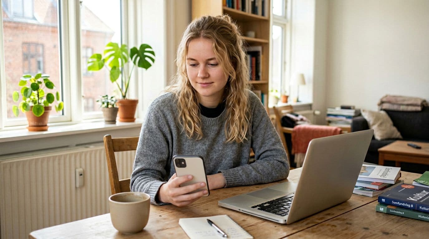 A 20-year-old female student in casual clothes sits relaxed at a light wooden desk in a sunny Danish apartment, holding a refurbished iPhone 11 with an open refurbished MacBook nearby, coffee cup and books in soft natural light background.