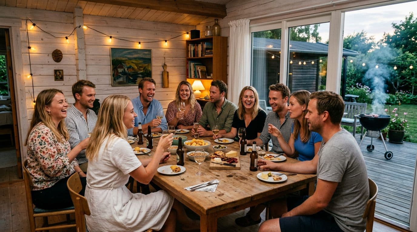 Photorealistic indoor scene in a charming Danish holiday house where exactly 10 adult friends (mixed genders) enjoy drinks, snacks, laughter, and conversation at a table under fairy lights, with a terrace and grill visible outside.