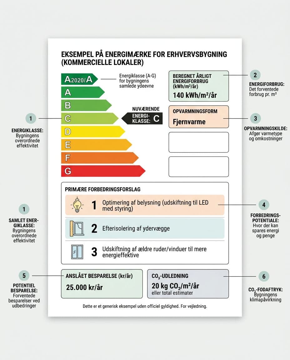 Ren, professionel infografik på A4-format i dansk kontekst, der viser eksempel på energimærke for kommercielle lokaler med energiklasse C, farveskala fra A til G, energiforbrug, opvarmningsform, forbedringsforslag, besparelser og CO₂-udledning plus annoteringer for lejere.