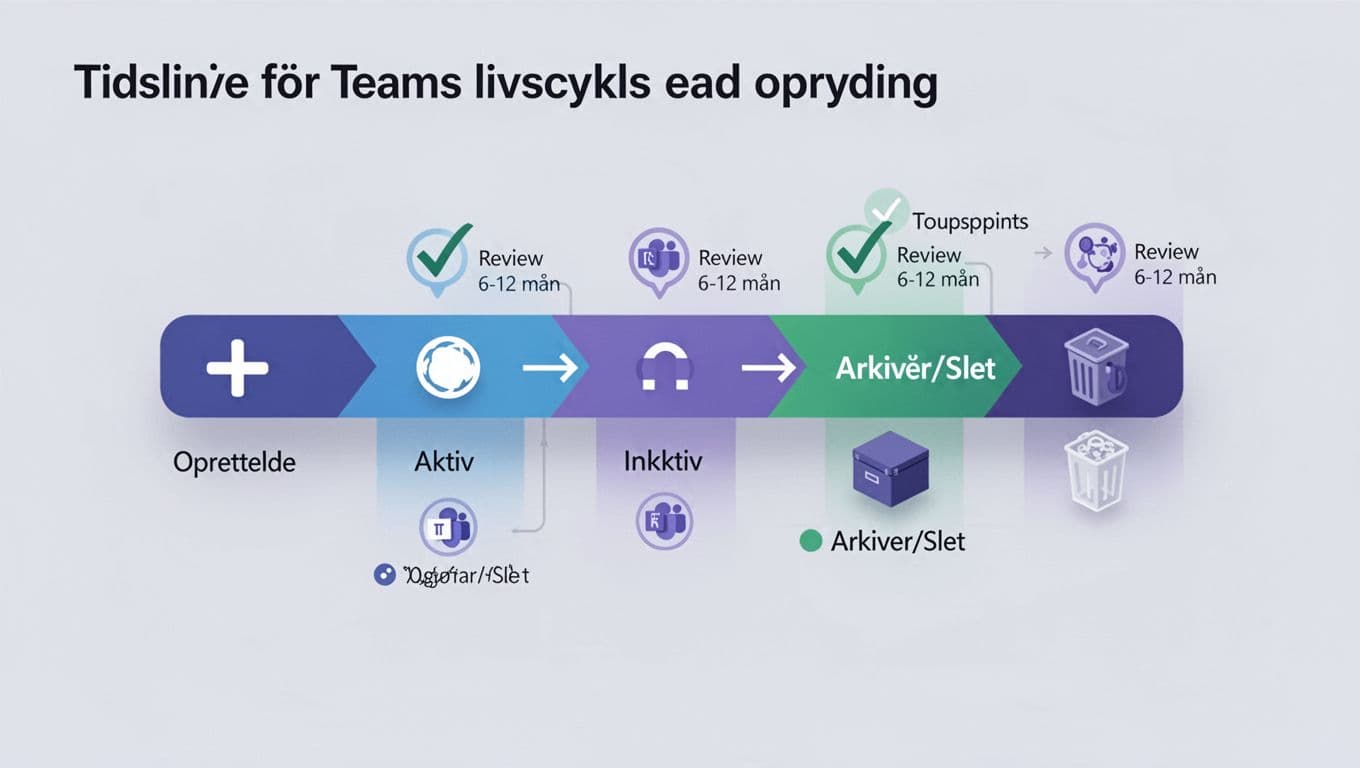 Moderne minimalistisk isometrisk illustration i flat enterprise-stil, der viser tidslinjen for Teams livscyklusfaser: Oprettelse, Aktiv, Inaktiv og Arkivér/Slet med pile, review-checkpoints hver 6-12 måneder og simple ikoner.