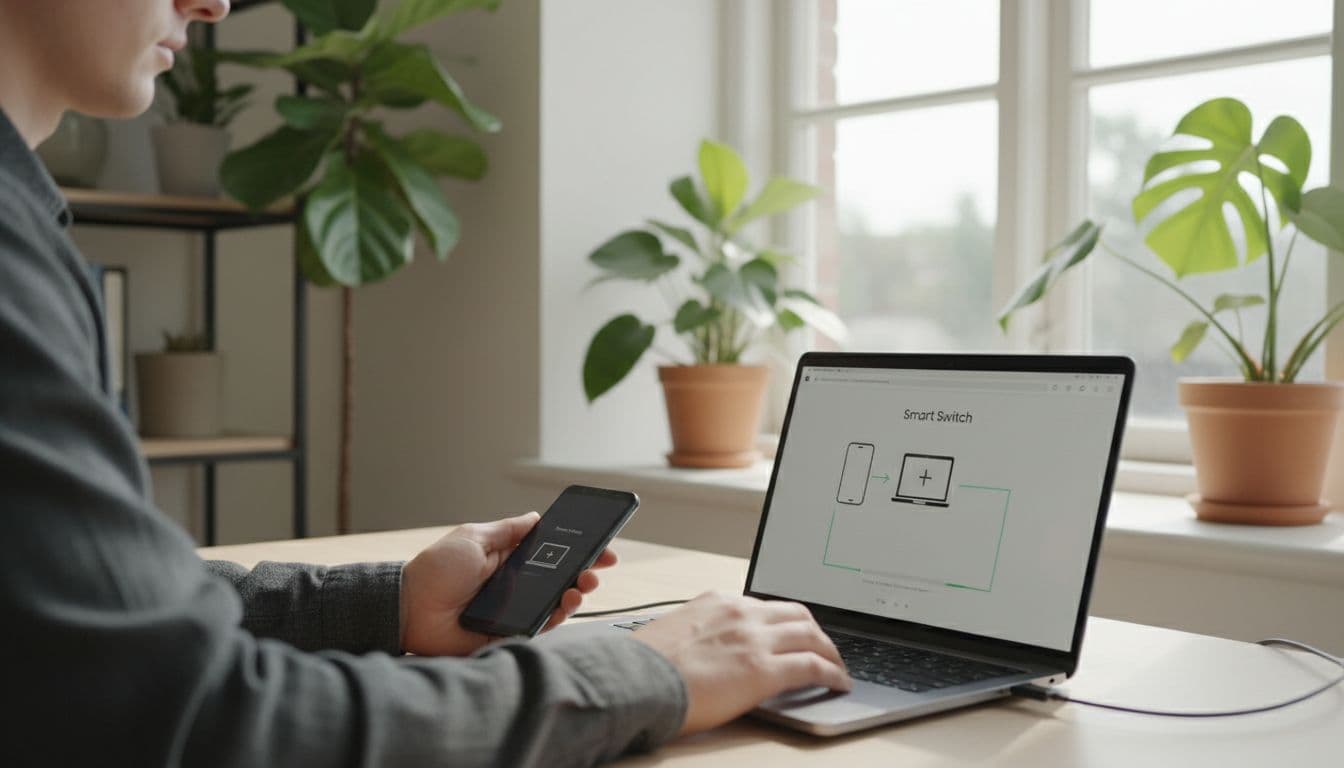 A young environmentally conscious person in a sunny Nordic office by a window connects a refurbished Samsung Galaxy to a renovated MacBook with a USB cable for data backup via Smart Switch software minimally displayed on the laptop screen, with natural hand positioning, soft daylight, minimalist Danish design, and green plants.