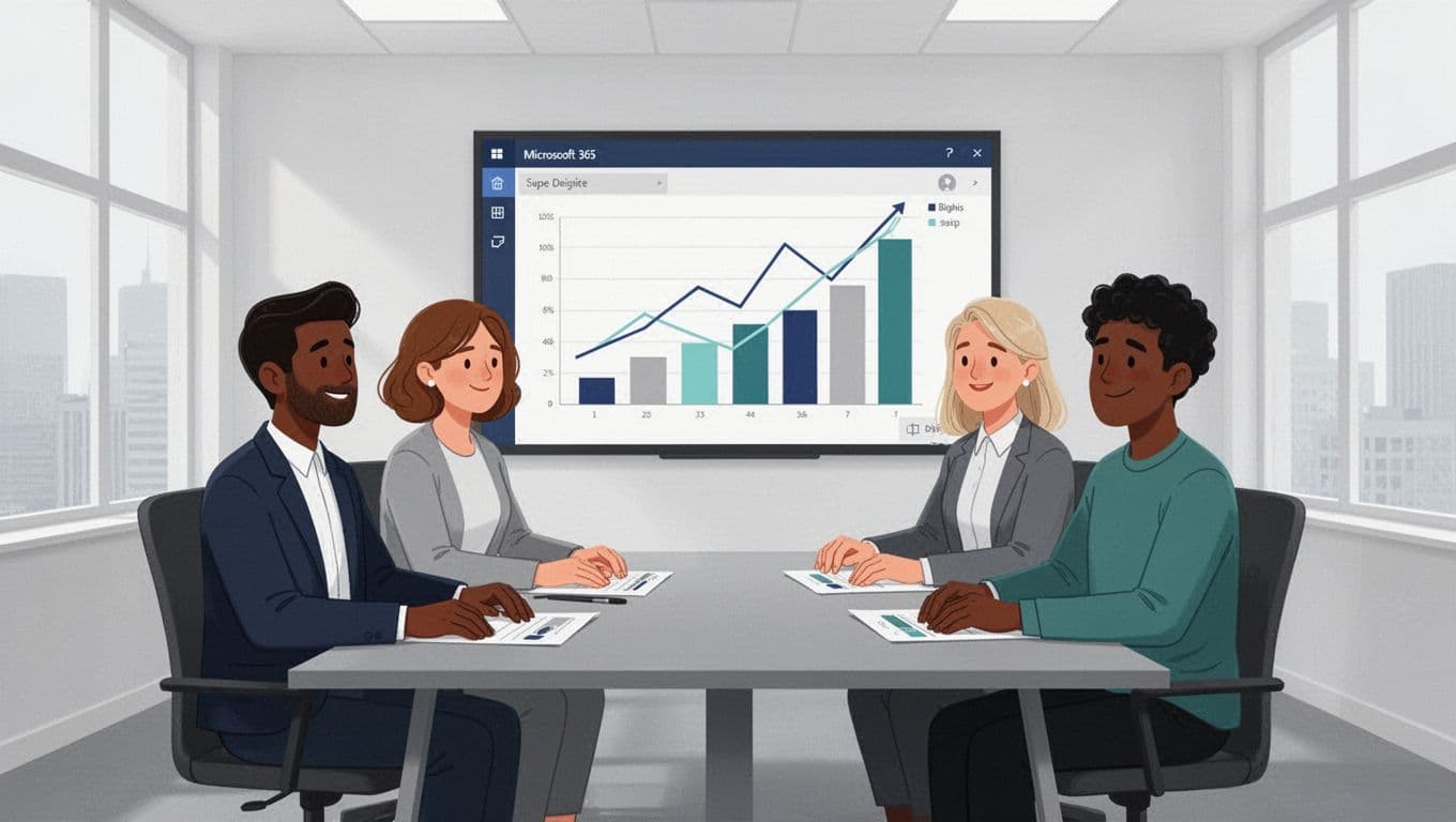 Clean 2D vector illustration of a small team of three diverse professionals in business-casual attire around a table, viewing generic growth charts on a shared screen in a conference room with implied collaboration tools.