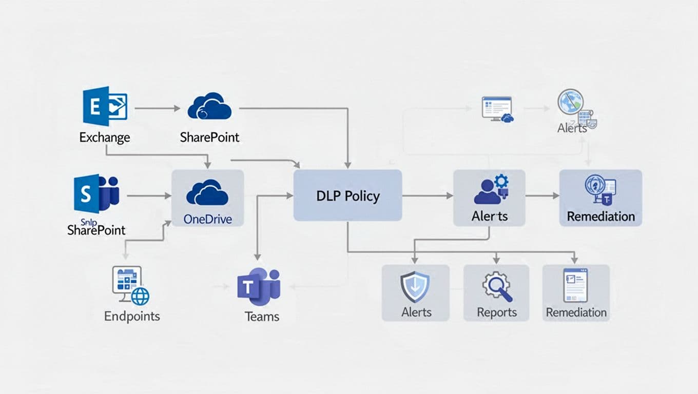 Infografik, der viser DLP-politikflow fra datakilder som Exchange, SharePoint, OneDrive, Teams og Endpoints til DLP-policy, og videre til alarmer, rapporter og udbedring, i ren blå-grå corporate stil med simple ikoner.