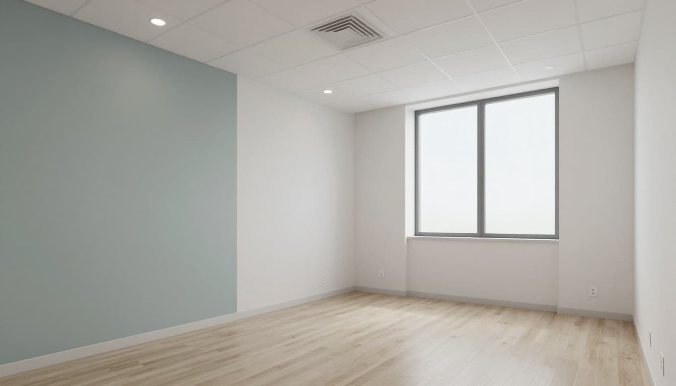 A clean, professional photorealistic render of a freshly refurbished clinic treatment room in modern Scandinavian style, featuring white walls, light wood laminate floor, recessed LED lighting, and serene neutral tones with sage green accents. The empty room is ready for move-in, viewed from a corner with wide-angle perspective and abundant natural light.