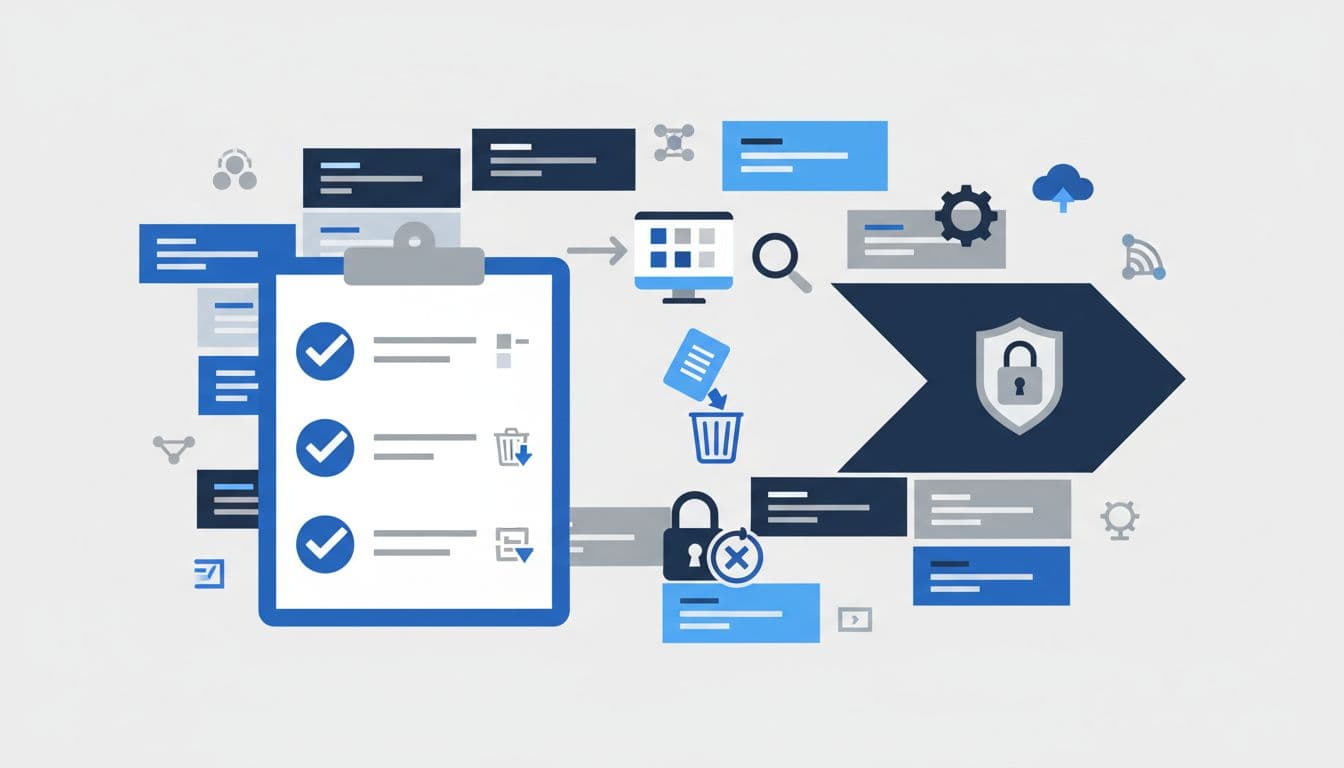 Illustration af oprydning med app-liste, fjernelse og revoke sessions