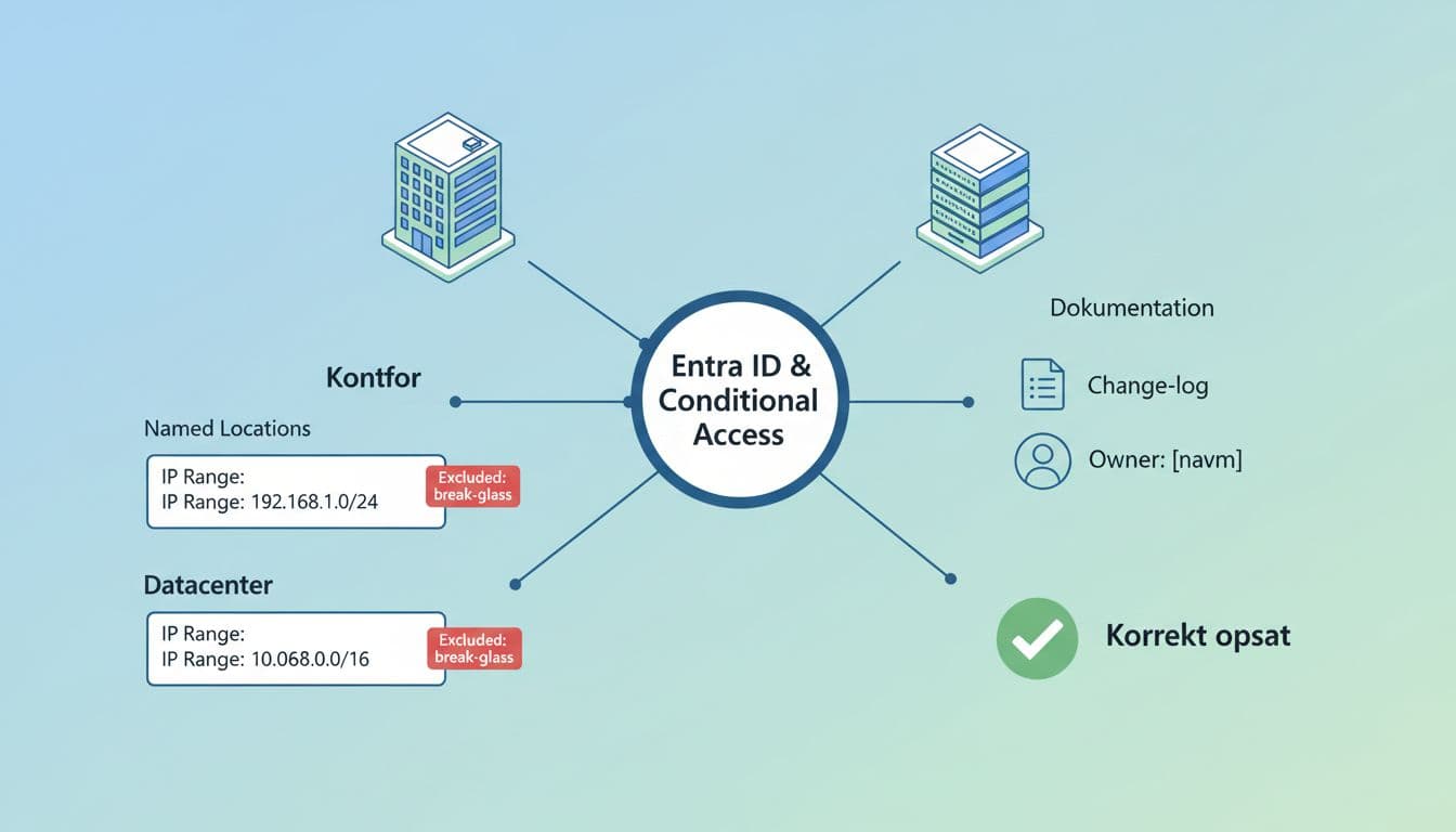 Modern high-contrast flat isometric illustration in corporate blue and green, showing Entra ID and Conditional Access as central hub with office and datacenter IP ranges in CIDR format, excluded break-glass note, and governance elements. Features Danish UI labels like 'Named Locations', 'IP Range', 'Korrekt opsat' for professional IT security visualization.