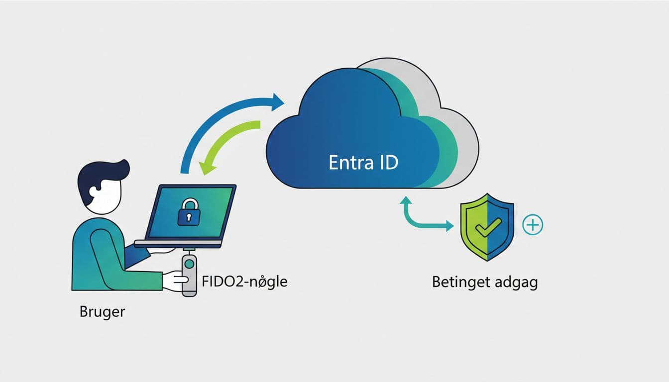 A clean, modern illustration showing passwordless login architecture in Entra ID using FIDO2 security keys, featuring a user inserting a key into a laptop and cloud-based authentication flow with Danish labels.