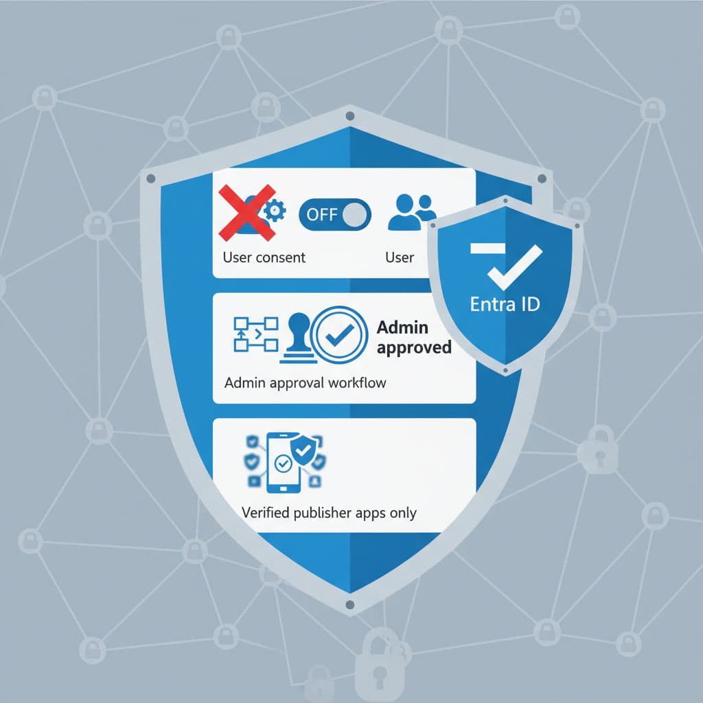 Illustration af hærdning med User consent OFF, admin-approval og verified publisher