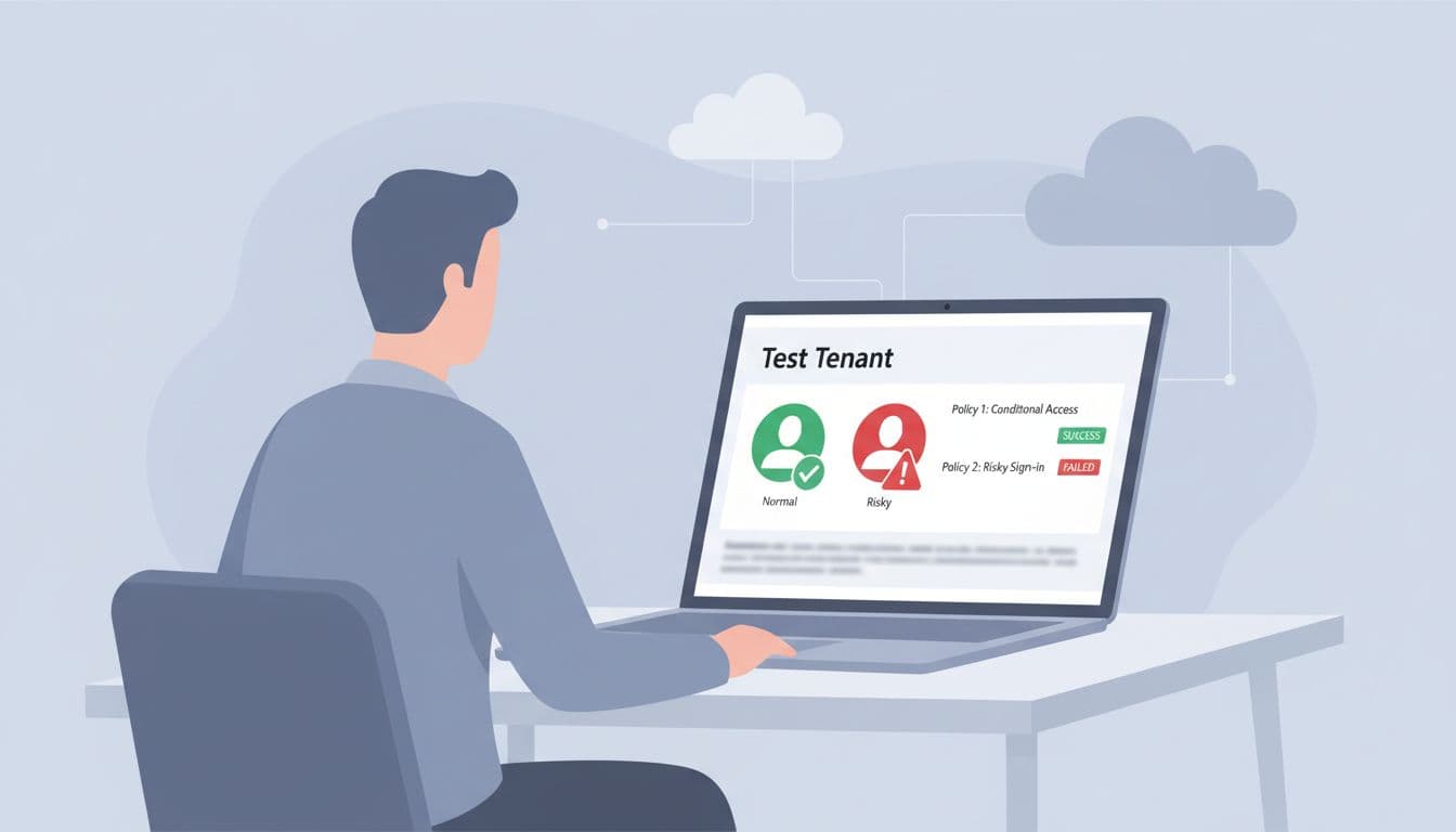Modern minimalist B2B IT-security illustration of an IT admin at a desk with a laptop displaying a test tenant dashboard for Entra ID Protection policies, showing normal and risky user icons with success/fail indicators.