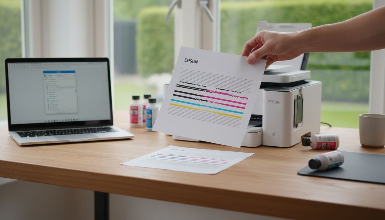 Photorealistic image from a Scandinavian home office showing a hand inspecting an A4 printout of an Epson printer's nozzle check pattern with missing segments in black, cyan, magenta, and yellow lines, next to the printer, open ink cartridges, and a laptop.