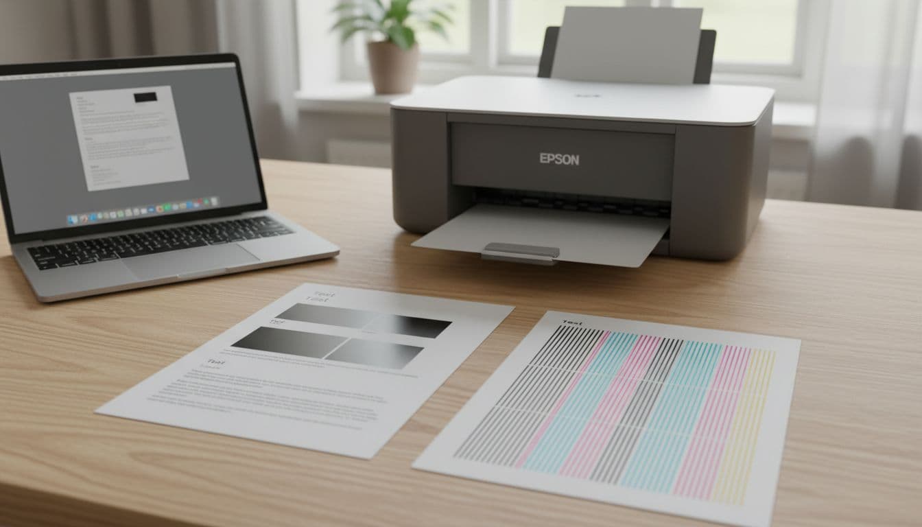 Photorealistic image from a Danish home office desk featuring a modern Epson inkjet printer next to a laptop, with two A4 sheets in foreground: one showing double printing ghosting effect, the other a perfect nozzle check pattern.
