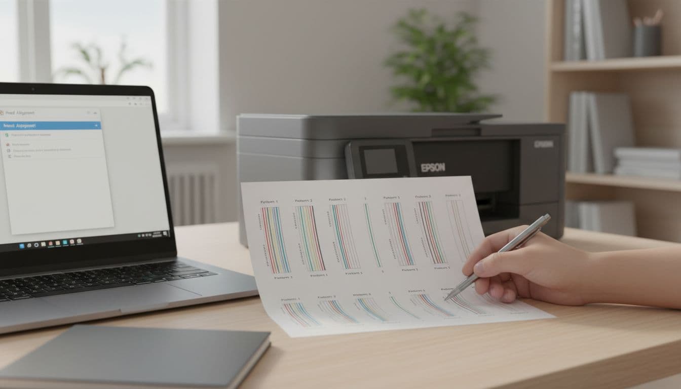 Photorealistic image in natural light from a Danish home office desk. Modern Epson inkjet printer prominently displayed with head alignment test sheet, hand with pen pointing to best aligned pattern, laptop with print utility open.