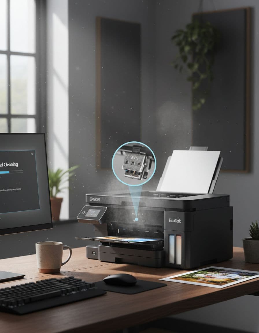 Epson-printer under head cleaning med status på skærmen