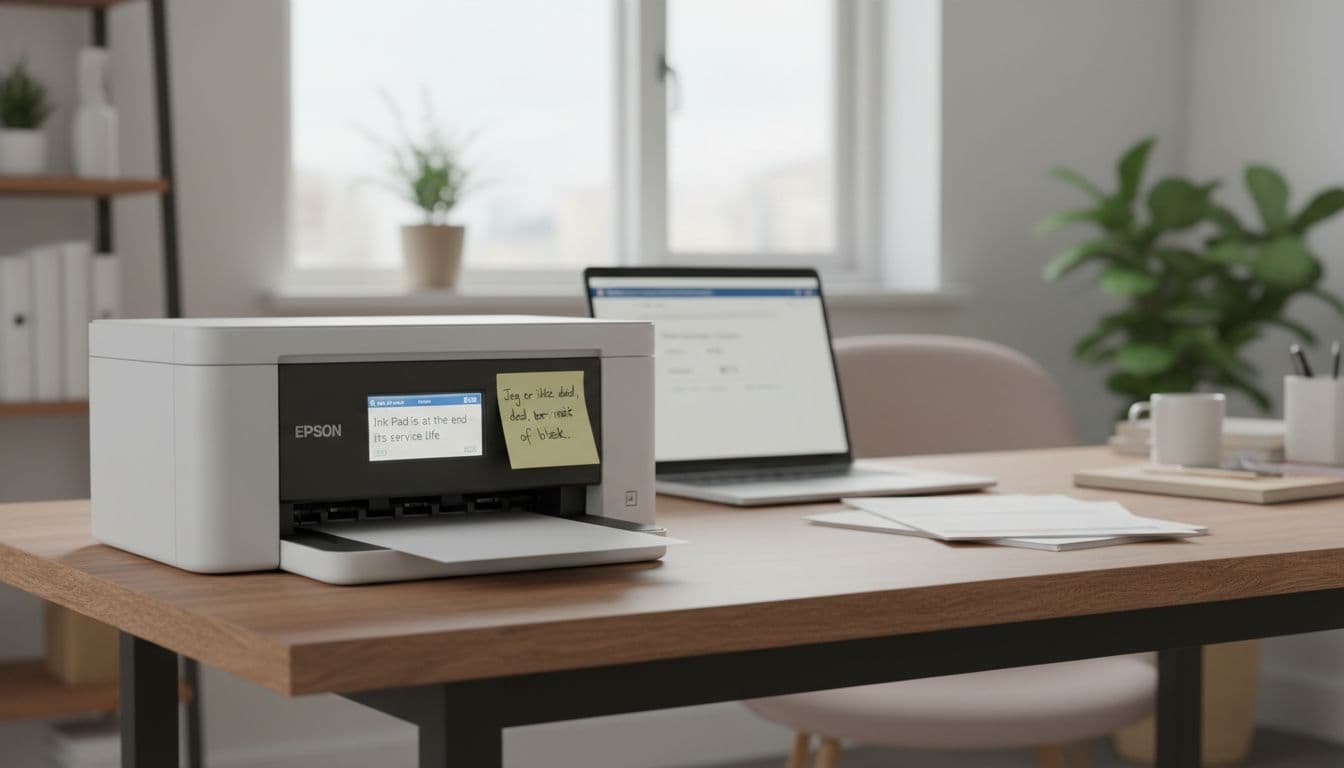 A realistic modern home office desk with an Epson inkjet printer displaying 'Ink Pad is at the end of its service life', a laptop showing waste ink counter at 82%, and a humorous Danish post-it note.