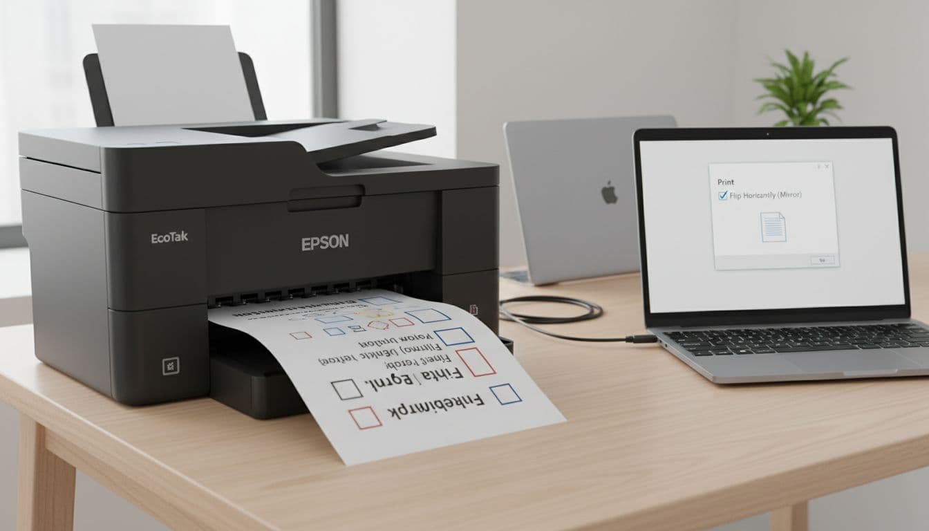 Photorealistic image in natural light of a minimalist home office setup with an Epson inkjet printer on a wooden desk displaying mirrored text and images on freshly printed paper. Nearby, a Windows laptop shows a print dialog with the 'Flip horizontally (mirrored)' option selected, and a MacBook partially visible in the background.