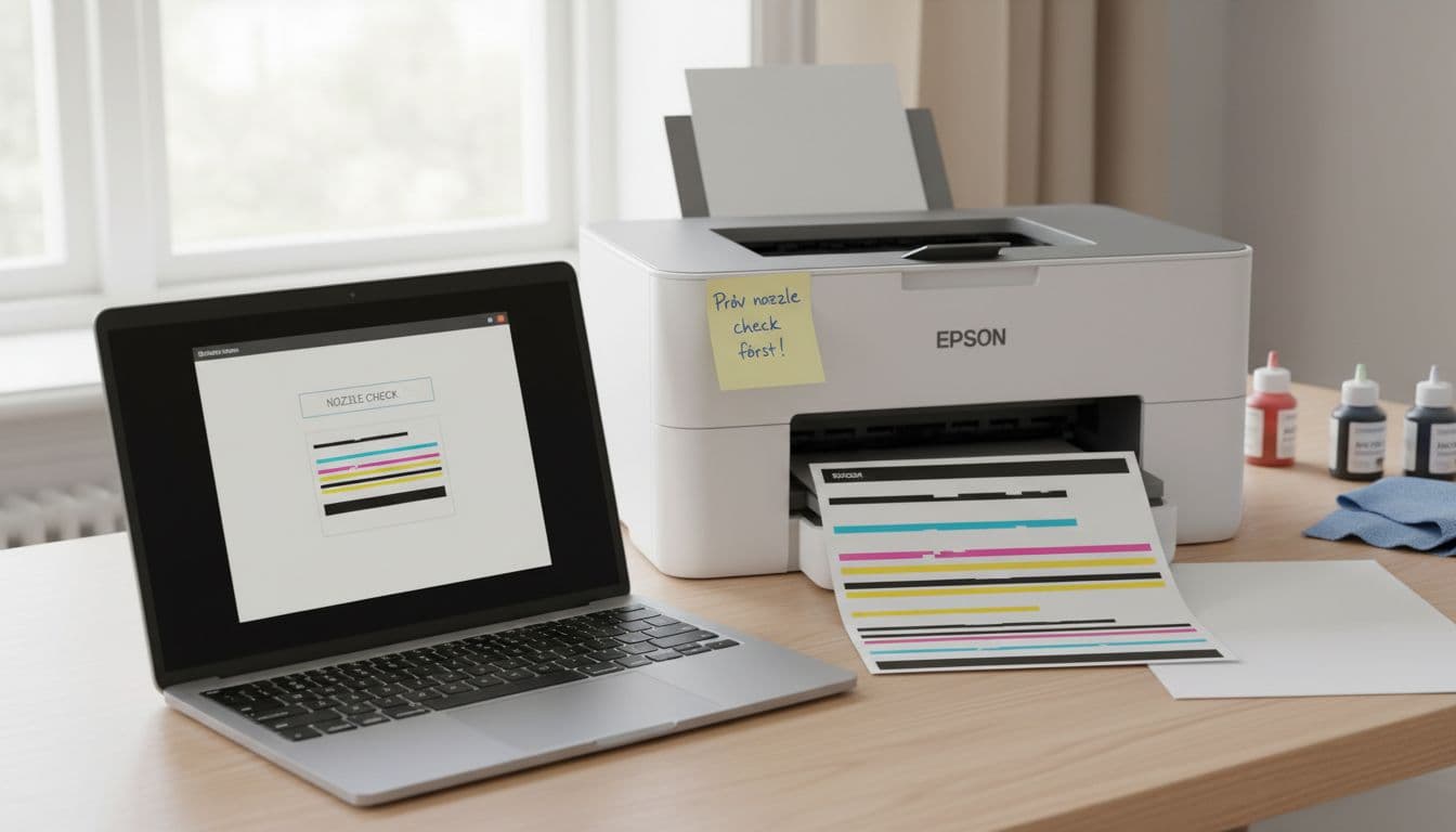 Epson-printer på skrivebord med nozzle check-testark og laptop
