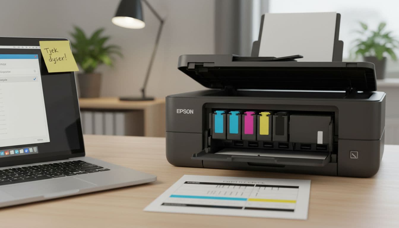 Photorealistic Danish home office scene with Epson inkjet printer on desk, open cover showing installed color ink cartridges, MacBook with grayscale print dialog, nozzle check printout displaying missing color nozzles, and yellow post-it note 'Check nozzles!'.