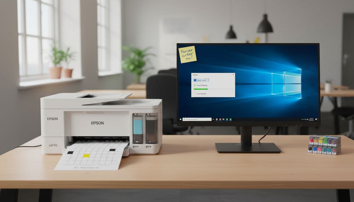 Photorealistic scene in a naturally lit Danish office featuring an Epson printer on a desk beside a Windows PC displaying nozzle cleaning software. Includes colorful ink cartridges, a perfect nozzle check sheet with all nozzles OK, and a Post-it note stating 'Colors work now!' with professional realism and light humor.