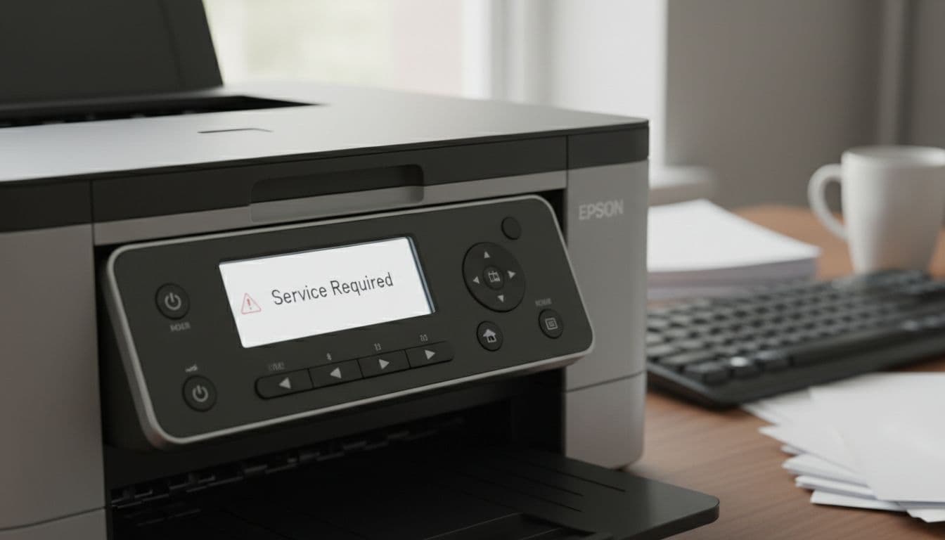 Photorealistic close-up of an Epson inkjet printer's front panel and LCD screen displaying the 'Service Required' error message clearly, in a soft-lit home office environment with blurred background elements like keyboard, paper stack, and coffee cup.