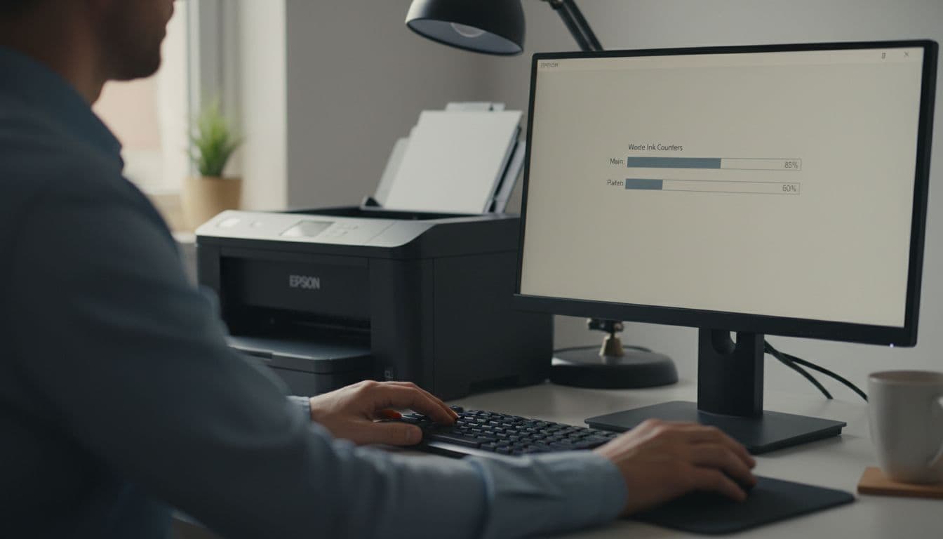 Photorealistic image of a person in a home office checking Epson printer waste ink counters (Main: 85%, Platen: 60%) via maintenance software on a computer screen, with the printer visible in the background.