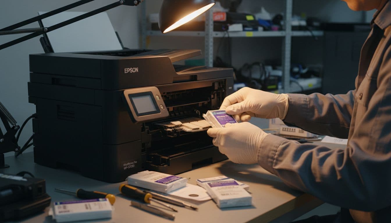 Photorealistic scene of a technician in a workshop servicing an Epson WorkForce printer, with the chassis open and ink pads being replaced using tools like screwdrivers, illuminated by a work lamp.