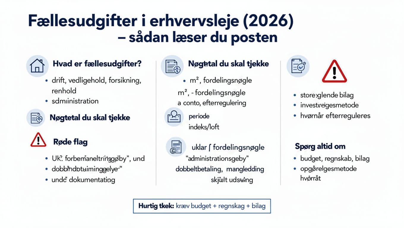 Minimalistisk dansk infografik med hvid baggrund og blå/grå accenter, der viser en tjekliste over fællesudgifter i erhvervsleje: definitioner, nøgletal, røde flag og spørgsmål at stille, med ikoner og hurtig tjek-boks.