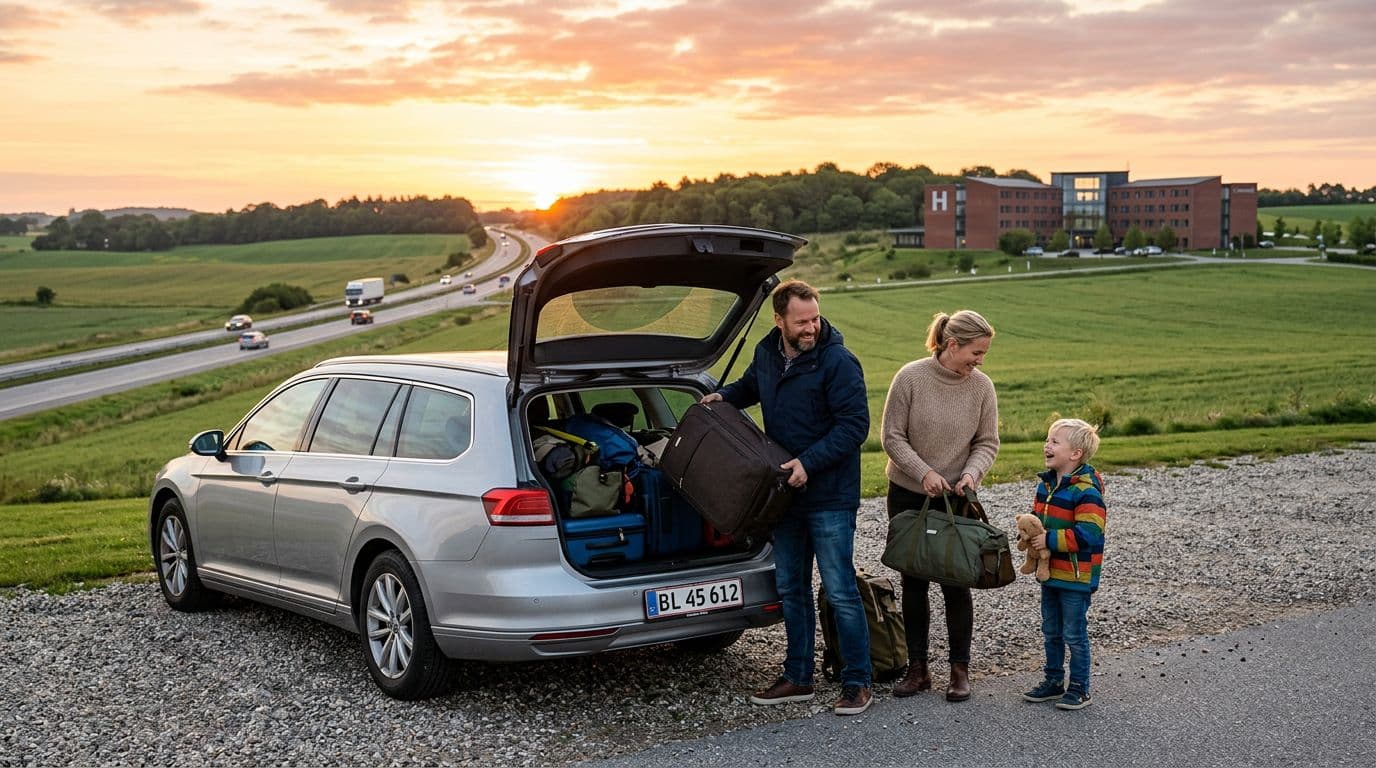 Fotorealistisk scene af en smilende familie på tre (forældre og barn), der pakker kufferter og tasker i bilen ved solopgang nær motorvej E20 ved Slagelse, grønne marker og et hotel i baggrunden.