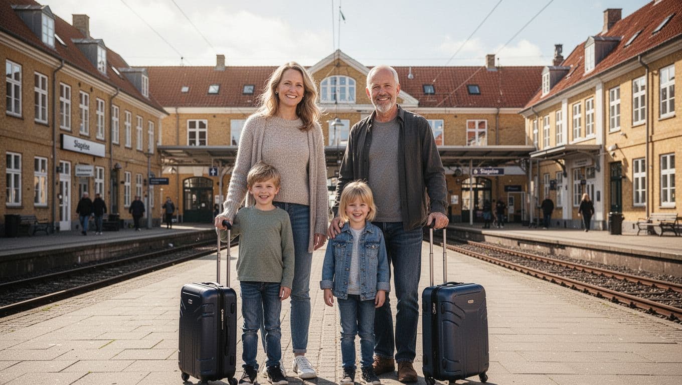 Photorealistic mood image of a family with suitcases at Slagelse station in Vestsjælland, Denmark, showing parents and two children with natural smiles, classic Danish architecture, sunny weather, and travel excitement.