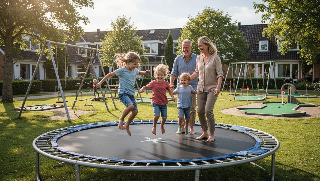 Familie på legeplads med trampolin og minigolf i baggrunden på en solrig dag.